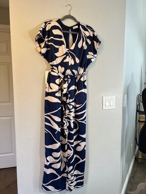 Luxology Navy and Cream Floral Wrap Jumpsuit Summer Chic